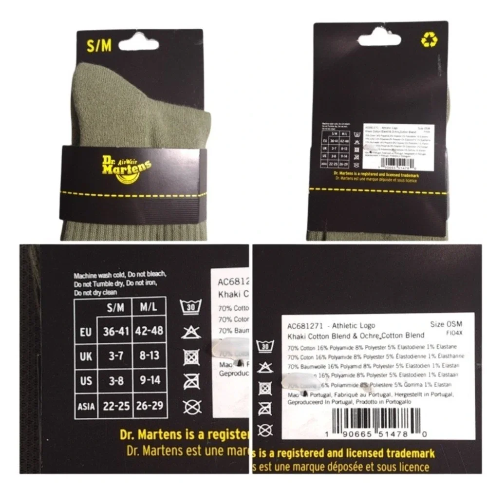 1 Pair Dr Martens Athletic Logo Socks Size S/M Khaki Cotton Blend & Ochre